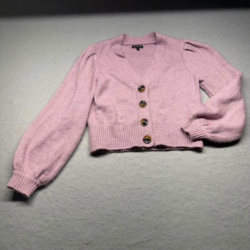Who What Wear Cardigan Womens XS Purple V-Neck Cropped Puff Sleeve Knit Cotton